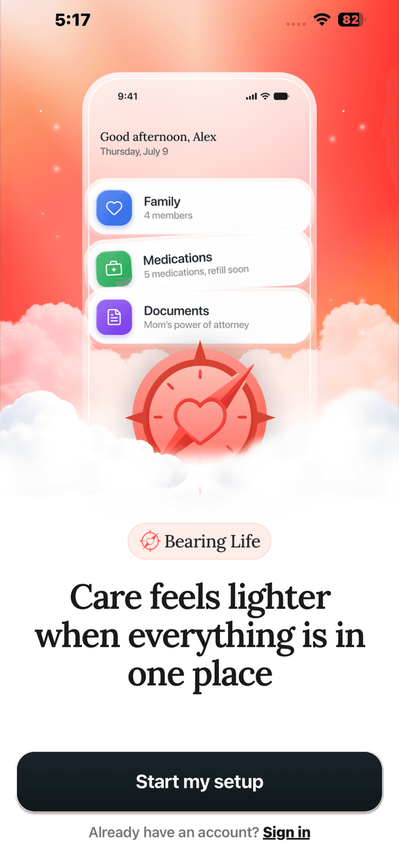 Bearing Life welcome screen: care feels lighter when everything is in one place