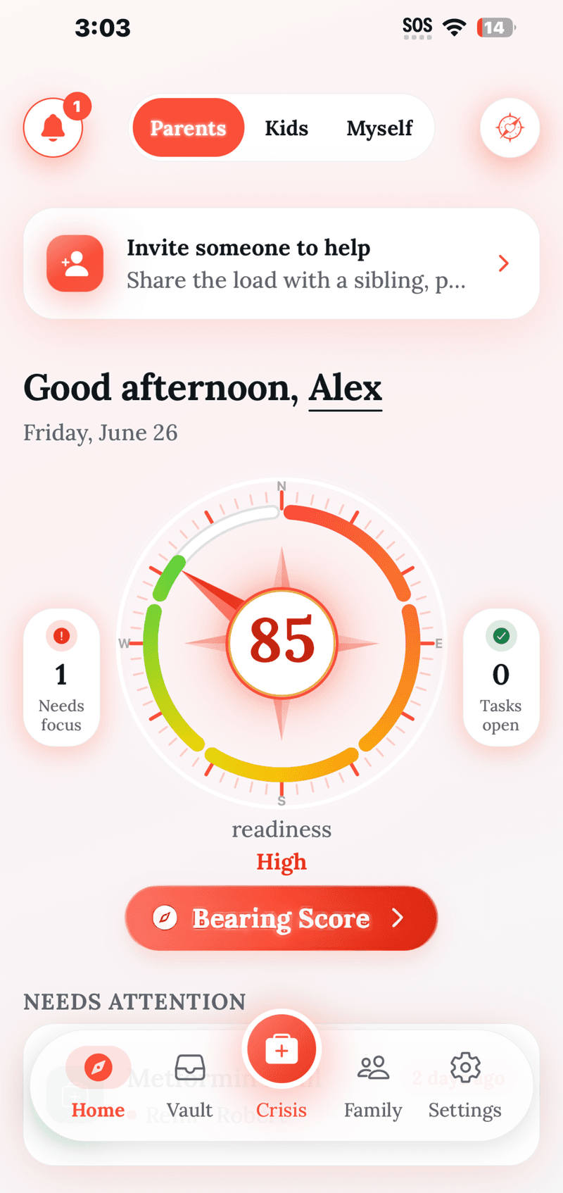 Bearing Life home screen showing a Bearing Score of 85