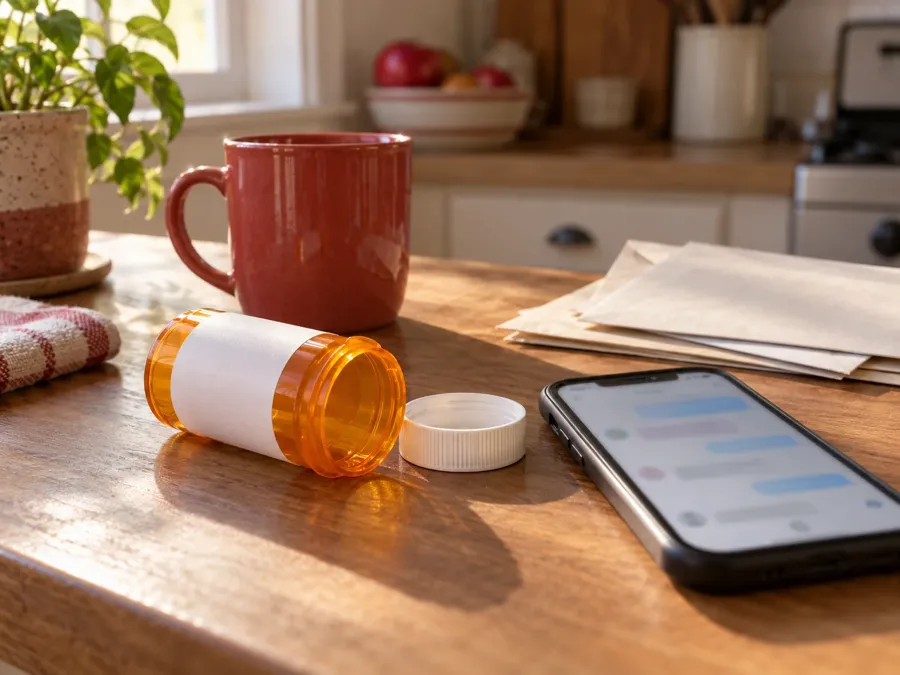 An empty pill bottle on a kitchen counter next to a phone