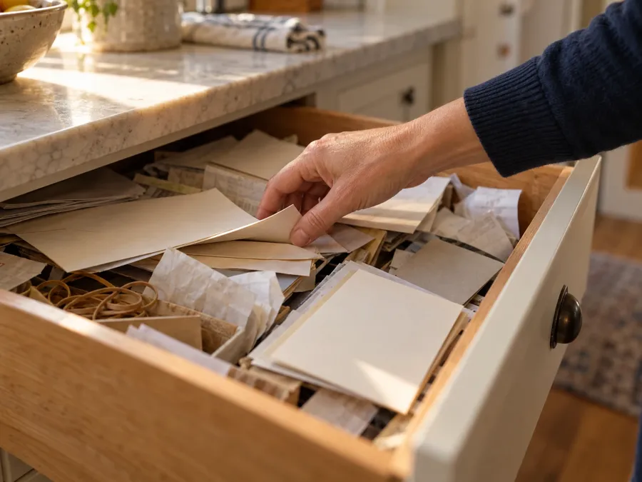 A hand searching a kitchen drawer full of papers