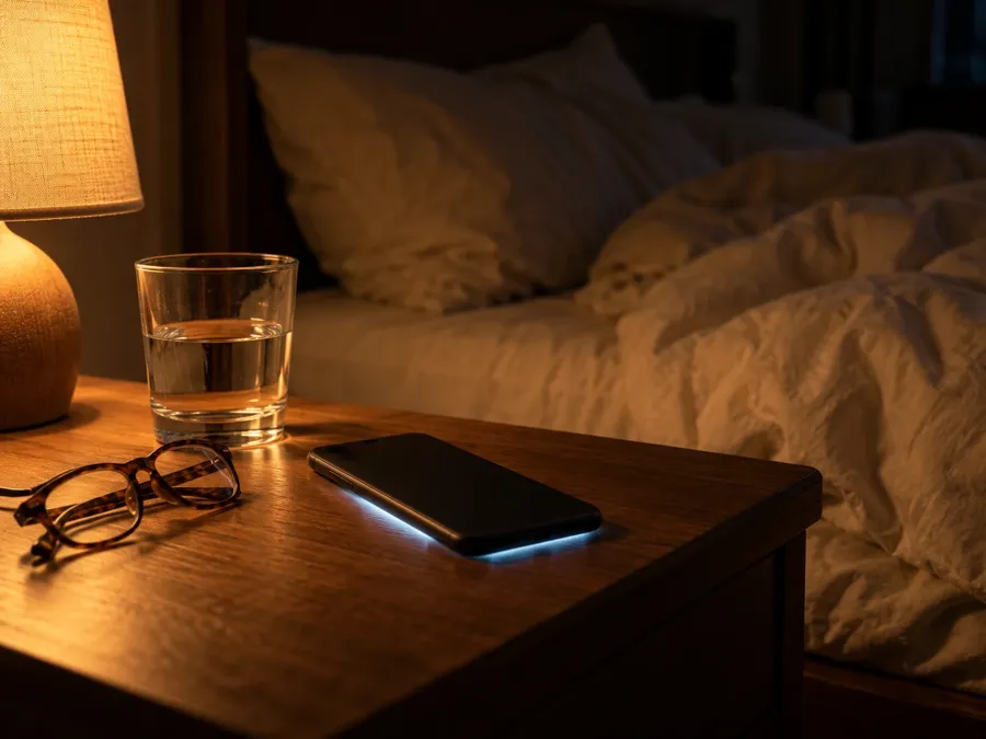 A phone lighting up on a bedside table at night